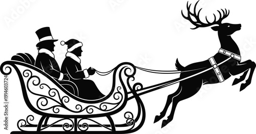 Black silhouette of Victorian couple in Christmas sleigh with flying reindeer, winter holiday scene,