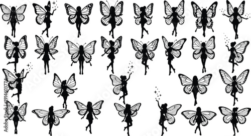 Fairy Silhouette Collection Vector Set of Magical Winged Female Characters with Butterfly Wings Isolated on White Background for Fantasy Design Projects