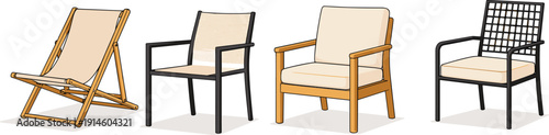Outdoor chair collection illustration, modern patio seating designs, wooden and metal armchairs, minimalist furniture set, isolated white background, vector art