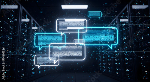 Glowing blue chat bubbles in a dark server room with futuristic lighting