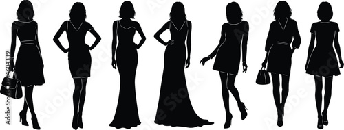 Stylish female silhouettes collection isolated on white background, elegant women fashion poses with dresses and handbags, modern lifestyle character set for fashion illustration design