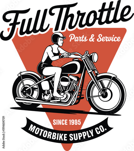 Motorcycle Rider on a Classic Bike with Full Throttle Parts and Service helmet vintage