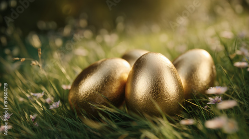 Golden Easter Eggs in Spring Meadow