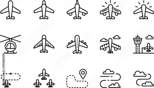 Airplane and airport transport icons set with flight, helicopter and travel symbols