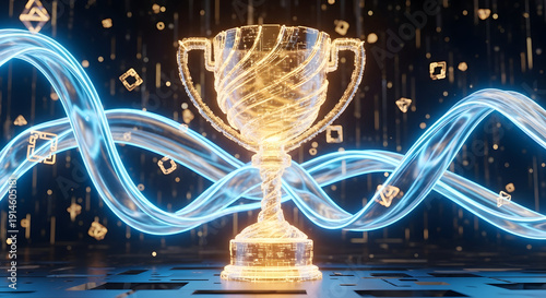 Golden trophy cup with glowing blue lines and digital elements