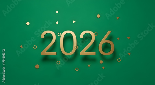 Golden 2026 text with geometric shapes on green background