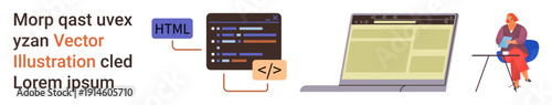 Web development, coding education, front-end programming, remote work, software engineering, digital tools. Code editor and laptop displayed. Web development and coding education concept