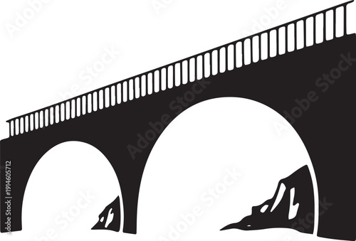 Black silhouette of large stone viaduct bridge with arches over terrain on transparent background