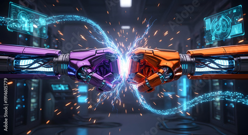 Robotic arms connect in futuristic lab with sparks and data screens