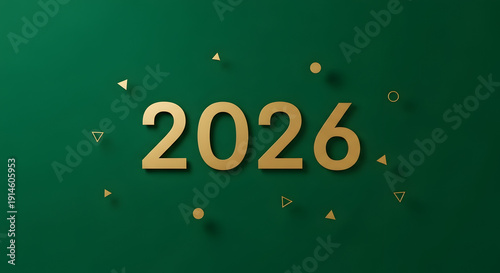 Golden 2026 text with modern geometric shapes on green background