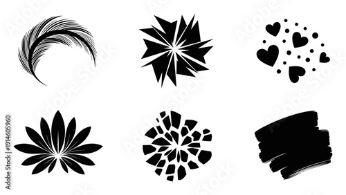 Collection of Black Including Feather Lotus Hearts Brushstroke and Abstract Shapes