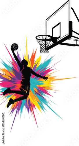 A basketball player dunking with colorful splashes around him.