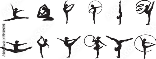 Set of rhythmic gymnastics silhouettes. Vector illustration of gymnast girls dancing with ribbon and hoop isolated on  transparent background .