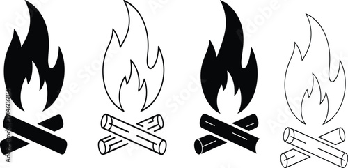 Campfire flame and crossed logs icon set, bonfire firewood symbol in solid and outline style, camping fire vector illustration collection