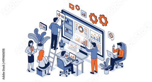 A pixelated illustration of people working together around a large computer screen.