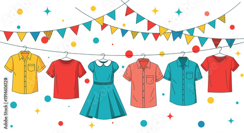Vibrant clothing items displayed with festive decorations and confetti