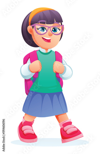Cute schoolgirl with backpack and glasses walking forward with a cheerful expression. Vector cartoon character illustration