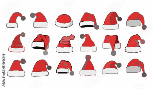 Doodle Santa Claus hat clipart set hand drawn Christmas red hats cartoon vector illustration