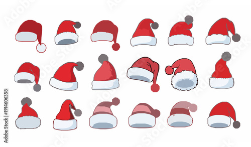 Hand drawn Santa Claus hat doodle set cute Christmas red and white hats clipart collection vector illustration