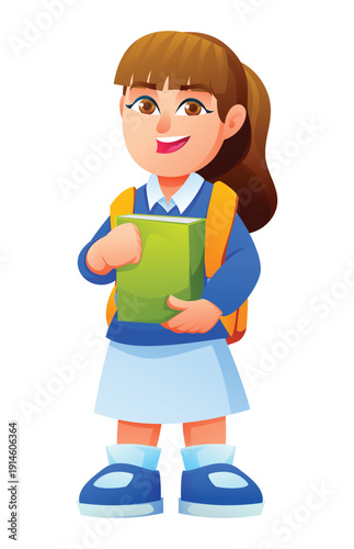 Happy schoolgirl with a ponytail holding a book and wearing a backpack. Vector cartoon character illustration
