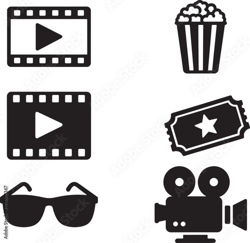 Set of cinema and movie icons. Vector silhouettes of popcorn, film camera, ticket, and video play button isolated on  transparent background.