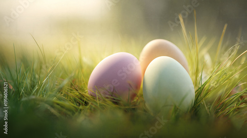 Pastel Easter Eggs on Grass in Soft Spring Light