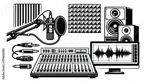 Line art recording studio equipment set featuring a microphone, mixer, speakers, and sound panels for broadcasting and audio production