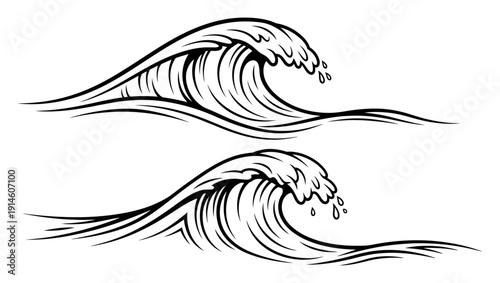 Stylized Black and White Ocean Waves with Water Droplets White Background surf