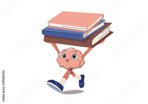 Cute brain character walking with carrying stack of books, Knowledge seeking, Education concept. Flat vector illustration.