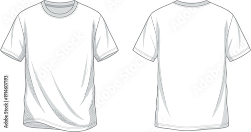 Front and back white t shirt sketch mockup, realistic apparel template for print design, casual clothing illustration isolated background
