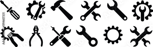 Tools and Maintenance Icon Set Collection, Wrench Hammer Screwdriver Pliers Gear Repair Service Vector Illustration for Mechanical and Construction Design