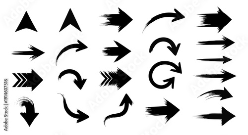 Extensive collection of black brushstroke and distressed arrows in many styles and directions, perfect for pointing, navigation, and user interface design elements.