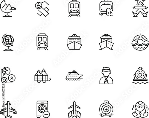 Travel and transportation icons set, tourism vehicles navigation and adventure, flat line collection isolated on white