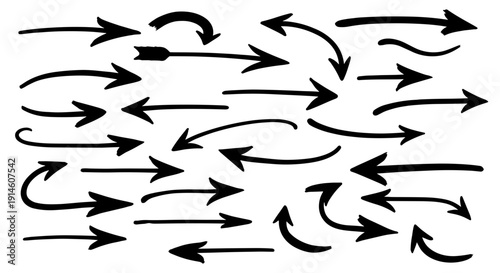 Variety of thin hand-drawn black arrows in different directions and styles, including curved and straight lines, ideal for website navigation or informational graphics.