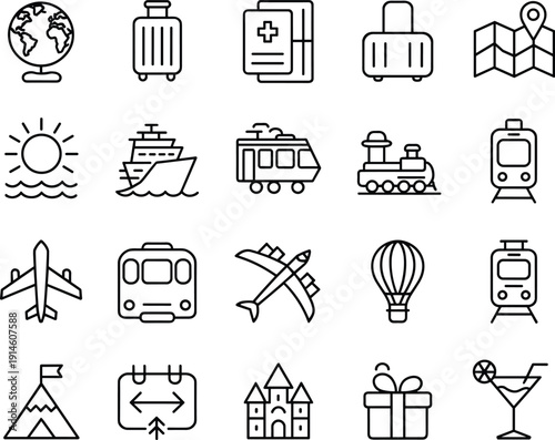 Travel tourism icons set, transport luggage landmarks and vacation, flat line collection isolated on white