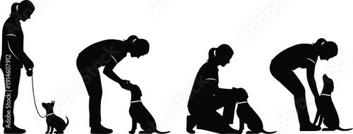 Woman training dog silhouettes collection isolated on white background, pet owner interaction poses, animal care and obedience training lifestyle illustration for pet lovers design