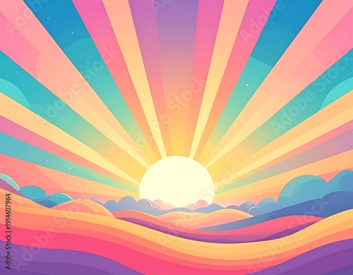 Stylized sunrise scene with pastel rays over rolling hills and a few small clouds