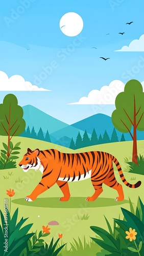 Stylized tiger walks through a grassy field, with a bright sky and distant mountains