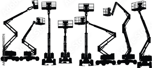Boom lift and scissor lift platform silhouettes set, aerial work equipment vector collection isolated on white background illustration