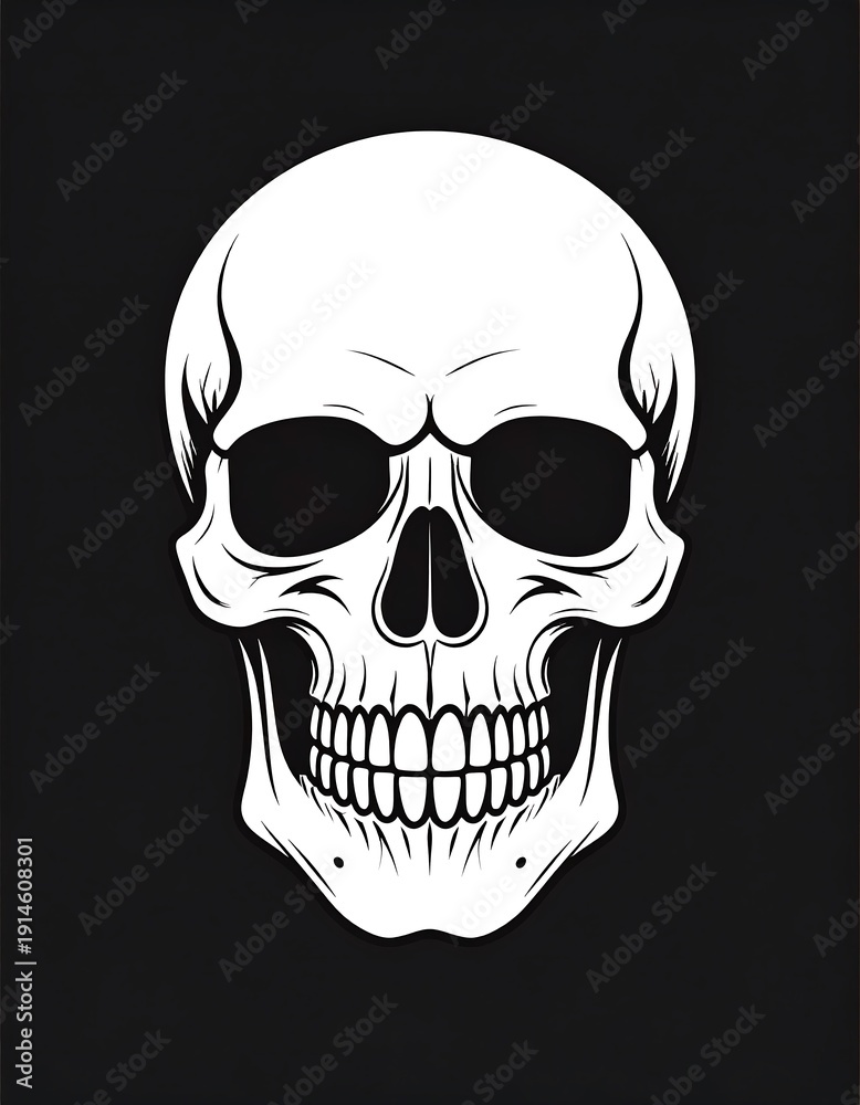 Obraz premium Stylized skull illustration; white skull on a black background, detailed teeth, and rounded cranium shape