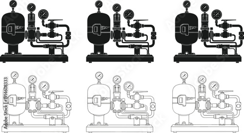Industrial pump system illustration set, mechanical pressure equipment with gauges isolated on white background vector