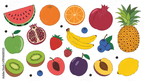 A colorful flat cartoon illustration of assorted fruits displayed on a clean white background from a direct viewpoint