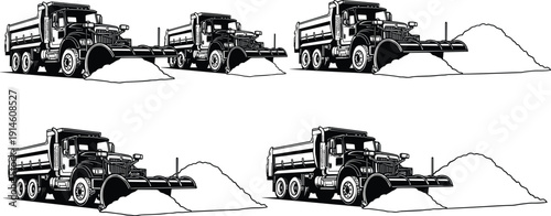 Snow plow truck silhouette set, dump truck clearing snow, winter road maintenance illustration isolated vector
