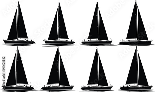 Sailboat silhouette set, yacht sailing icon collection, nautical boat illustration isolated on white background