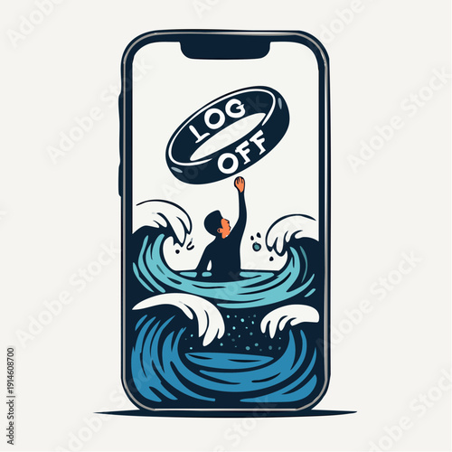  powerful cultural nerve; a person inside a phone, swallowed by waves, reaching for a life preserver stamped LOG OFF