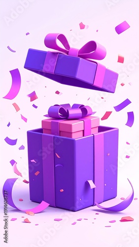 Stylized violet giftbox, pink bow, confetti, and smaller box floating on white