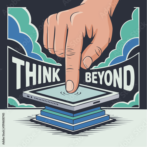 optimistic futurism; conceptual, and wonderfully aspirational; a giant hand pressing a touchscreen perched on layered platforms