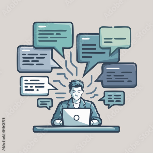 information‑overload, digital‑pressure; lone figure at a laptop, surrounded by a storm of speech bubbles, with radiating lines signaling mental strain or hyper‑focus