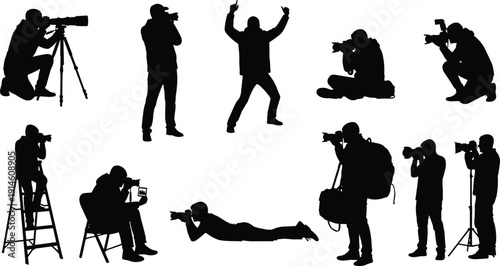 Photographer silhouettes collection, professional camera operators set, isolated black photography people, paparazzi shooting poses, media production vector illustration pack