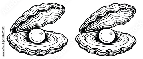 Hand drawn line art oyster pearl set featuring a shining pearl nestled within an open oyster shell for luxury and marine themes